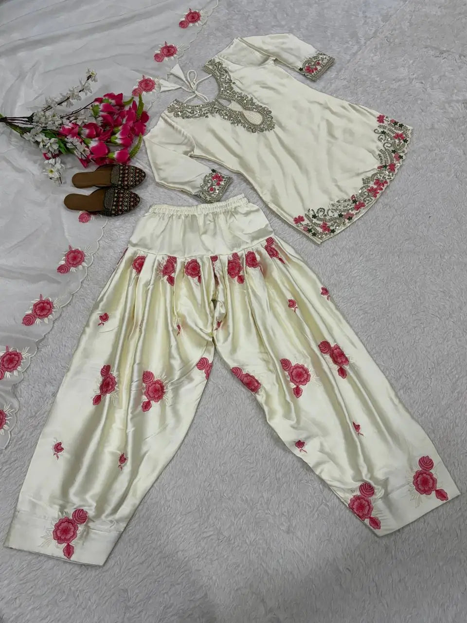 Japan Satin Embroidered Kurti with Farshi Salwar Set