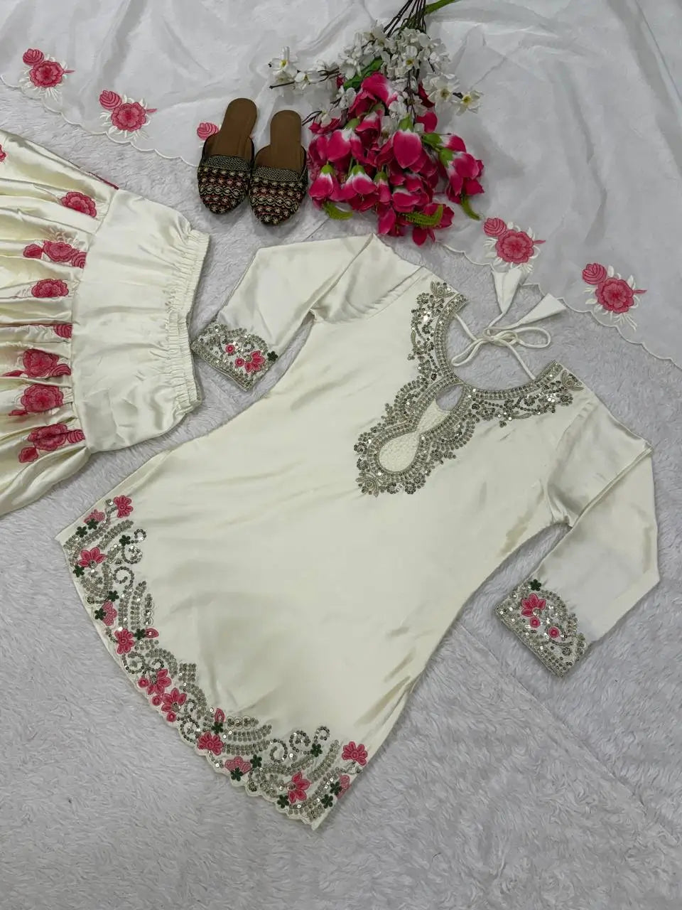 Japan Satin Embroidered Kurti with Farshi Salwar Set