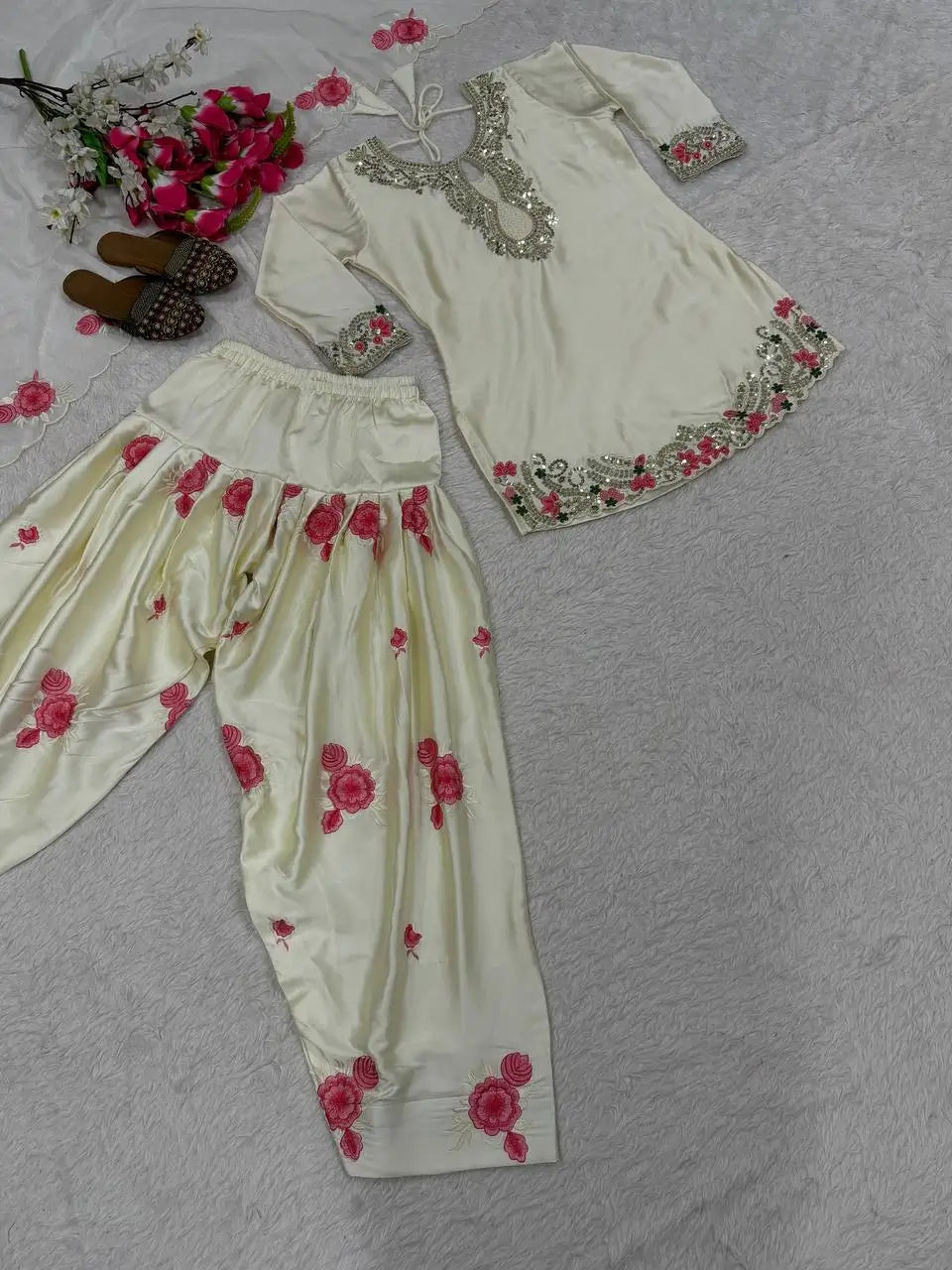 Japan Satin Embroidered Kurti with Farshi Salwar Set