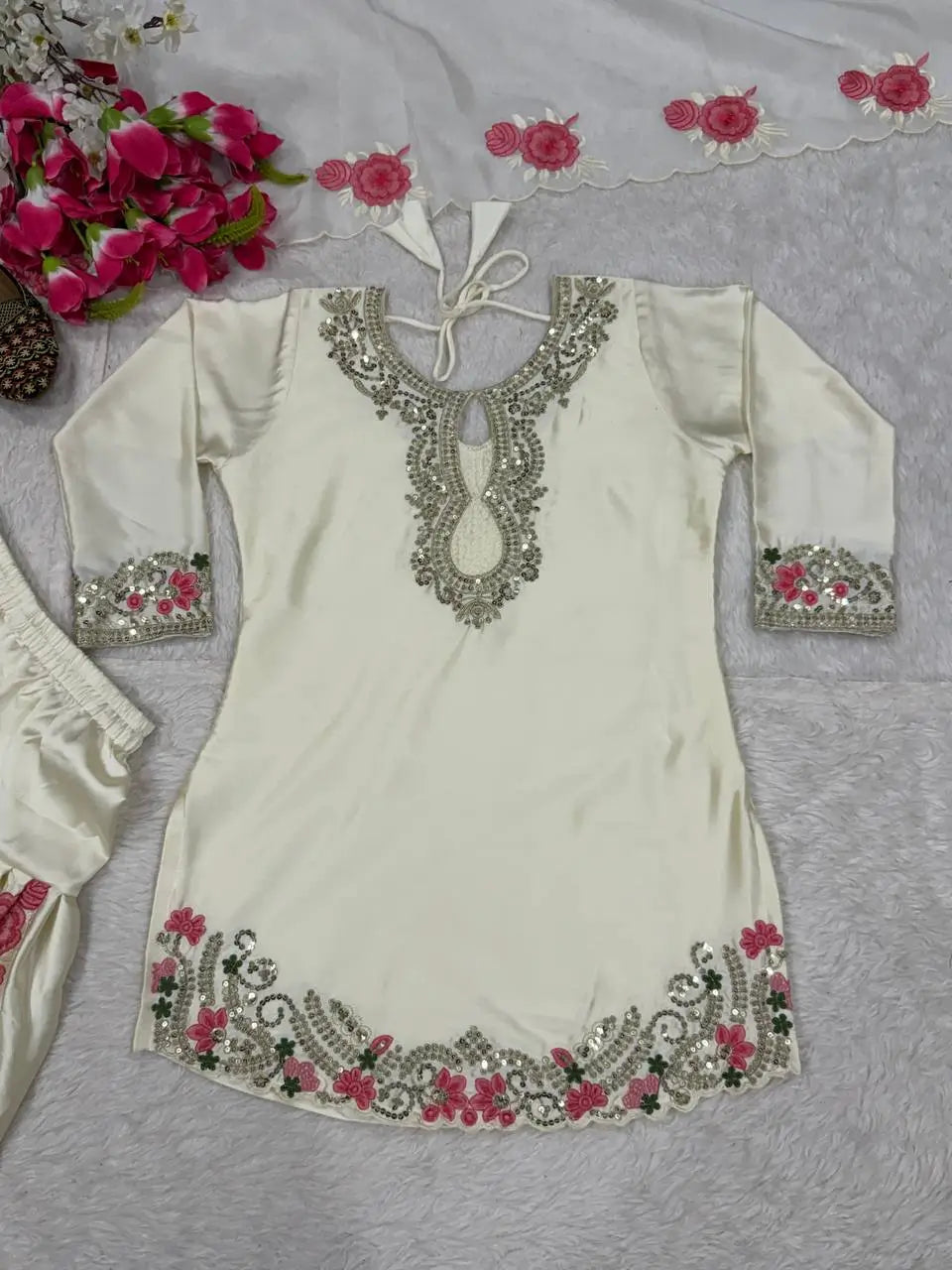 Japan Satin Embroidered Kurti with Farshi Salwar Set