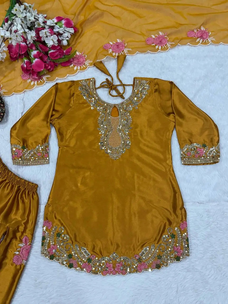 Japan Satin Embroidered Kurti with Farshi Salwar Set