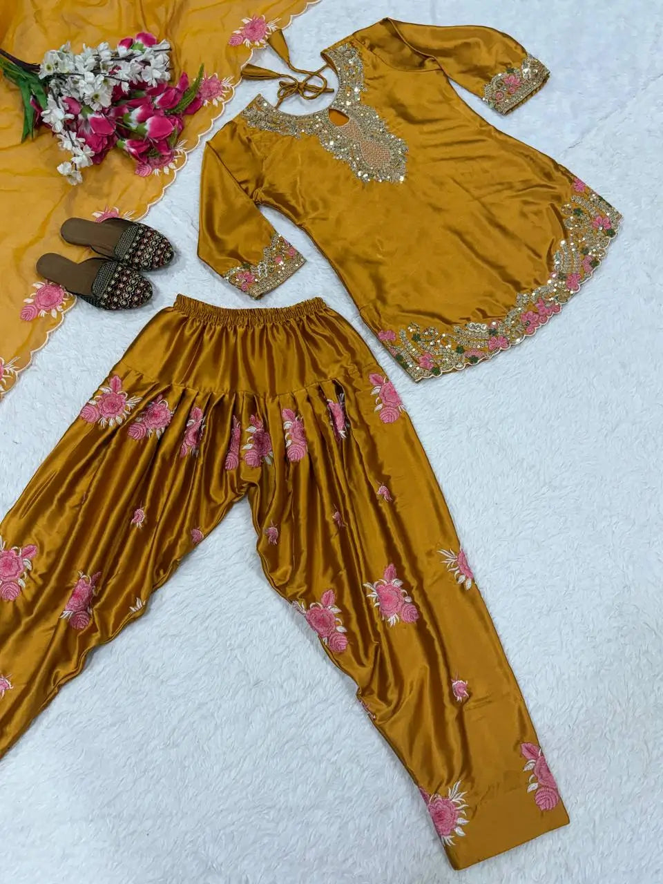 Japan Satin Embroidered Kurti with Farshi Salwar Set