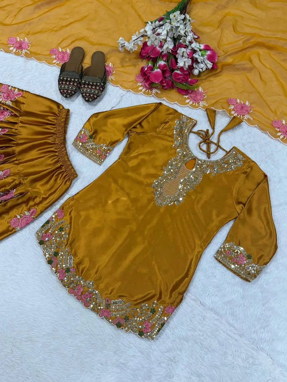 Japan Satin Embroidered Kurti with Farshi Salwar Set