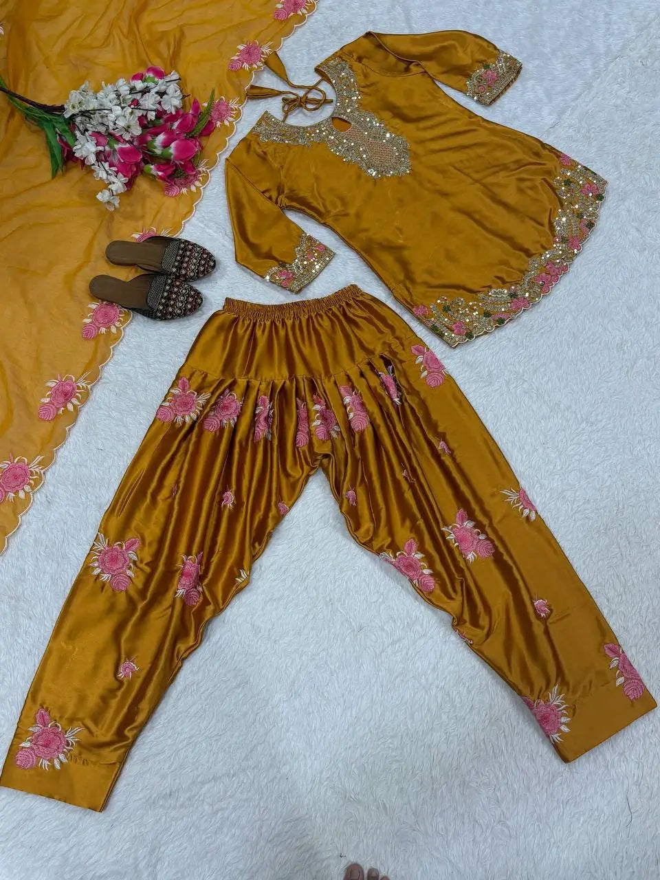 Japan Satin Embroidered Kurti with Farshi Salwar Set