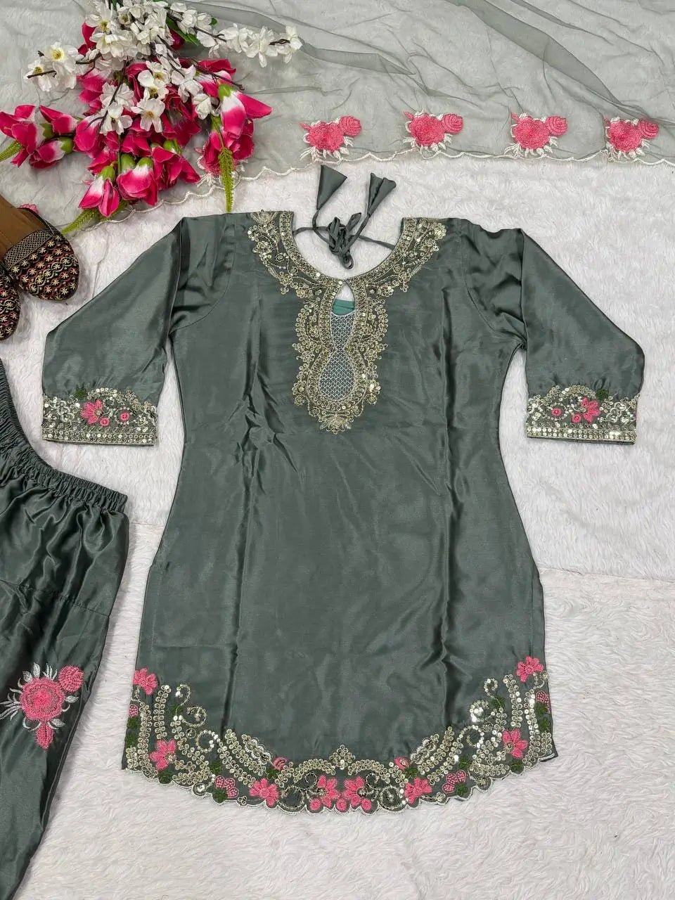 Japan Satin Embroidered Kurti with Farshi Salwar Set