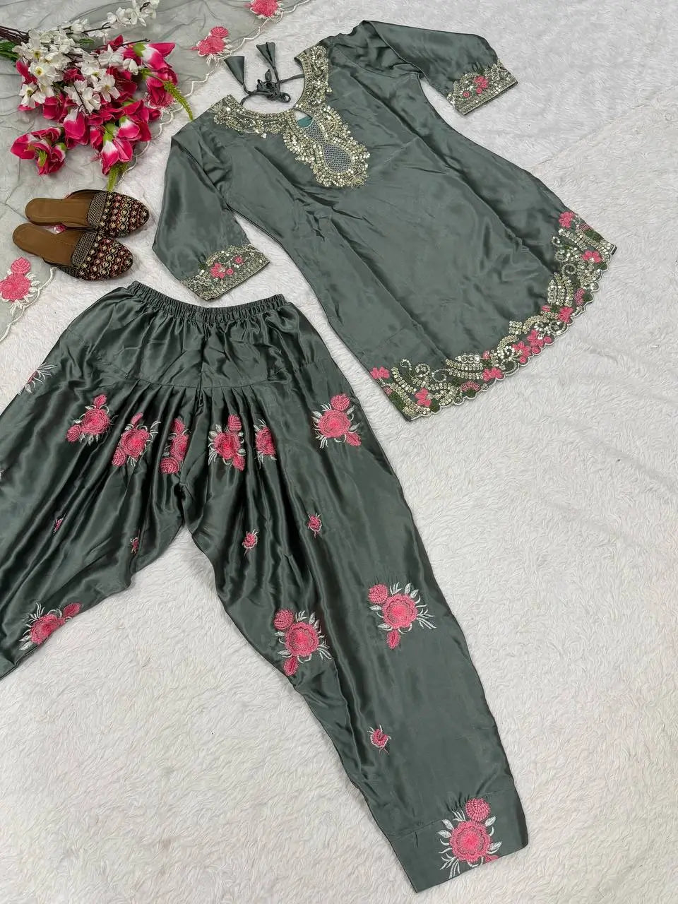 Japan Satin Embroidered Kurti with Farshi Salwar Set