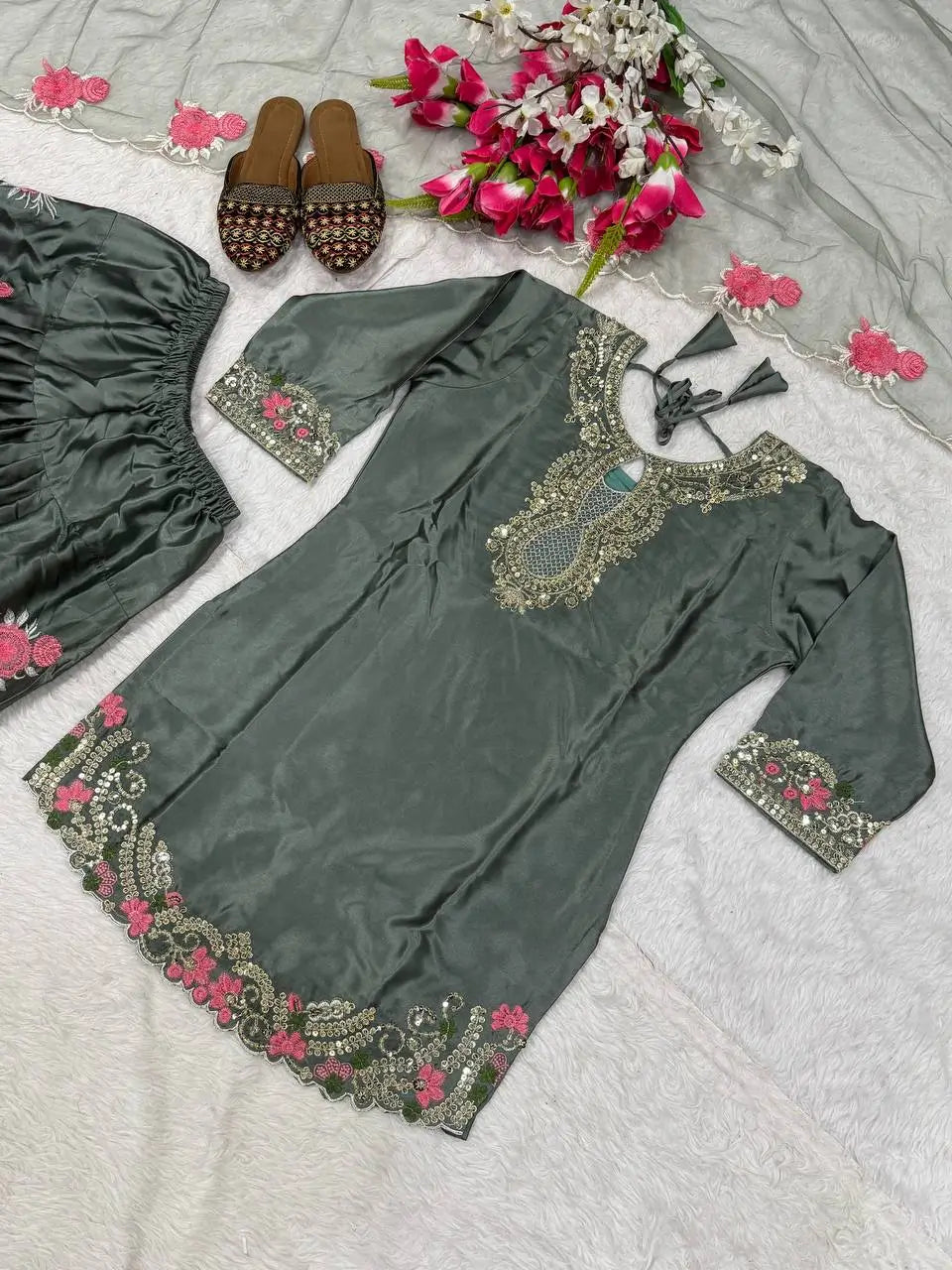 Japan Satin Embroidered Kurti with Farshi Salwar Set