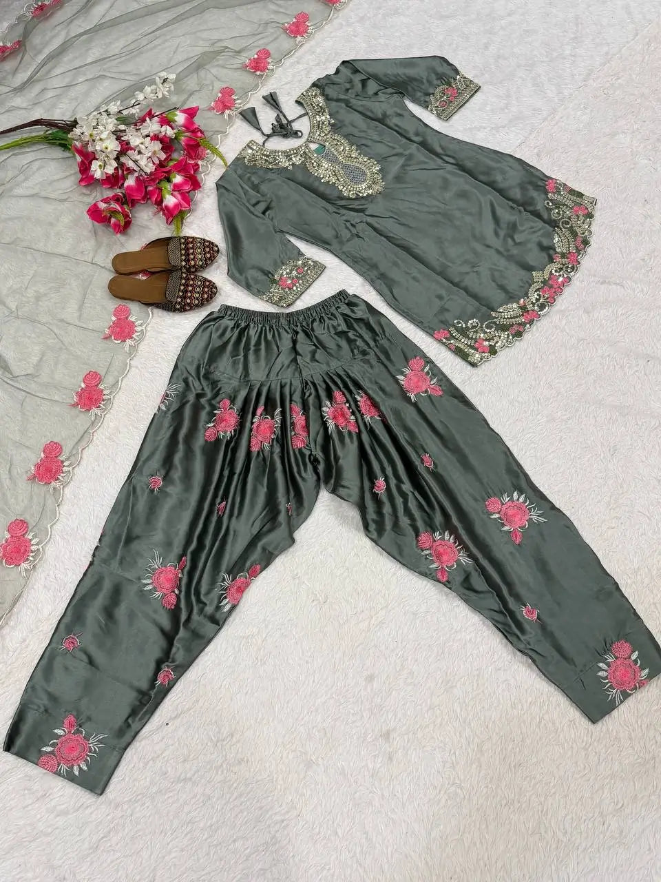 Japan Satin Embroidered Kurti with Farshi Salwar Set