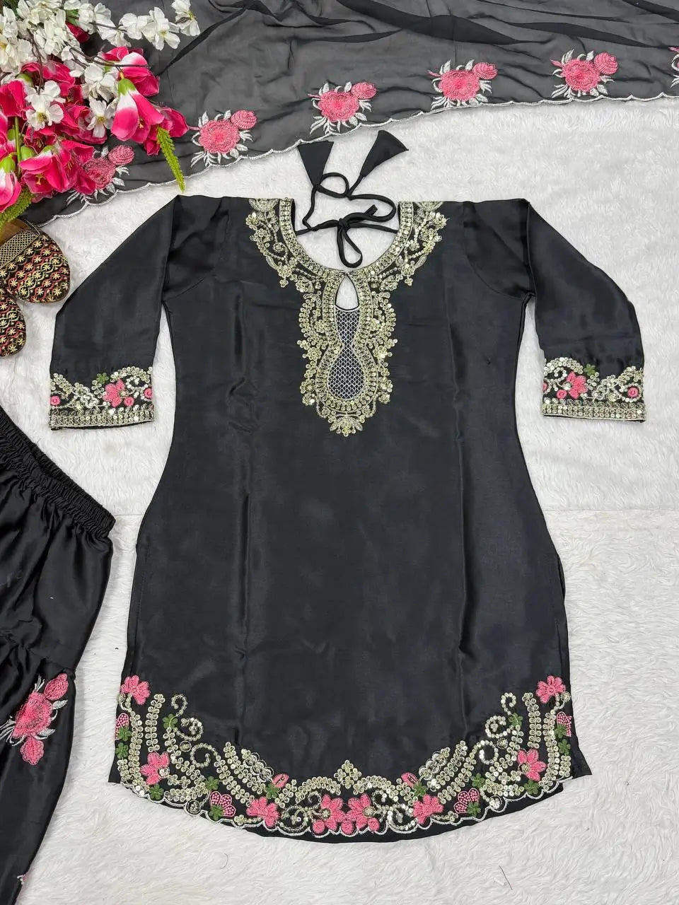 Japan Satin Embroidered Kurti with Farshi Salwar Set