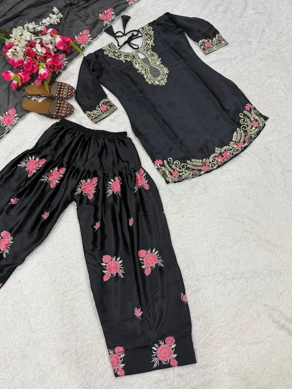 Japan Satin Embroidered Kurti with Farshi Salwar Set