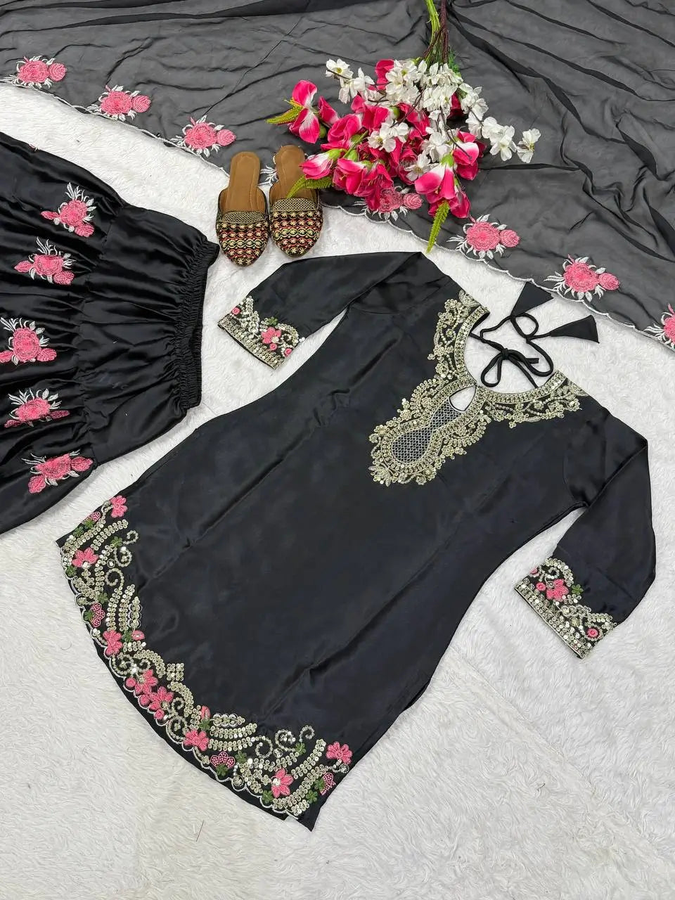 Japan Satin Embroidered Kurti with Farshi Salwar Set