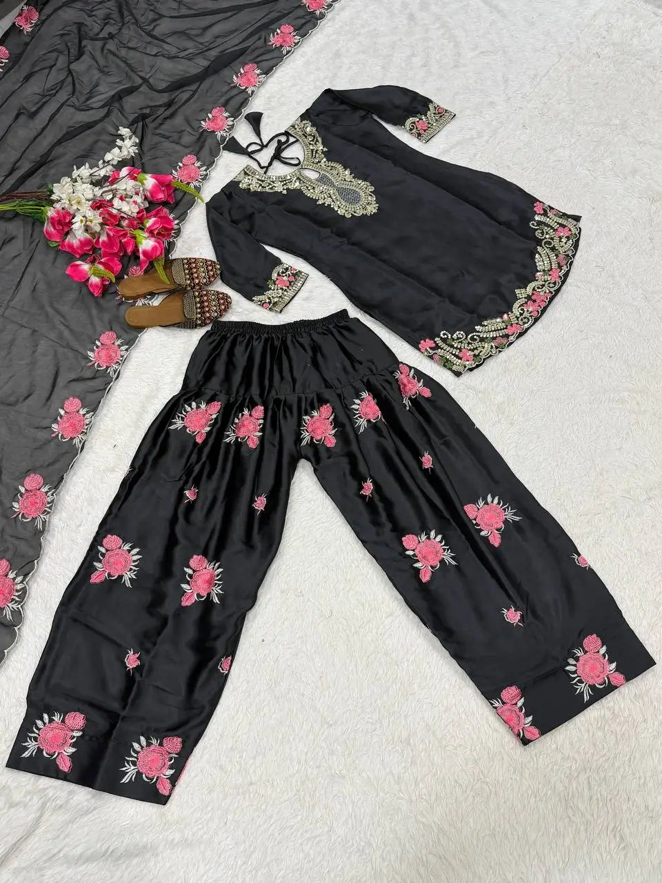 Japan Satin Embroidered Kurti with Farshi Salwar Set