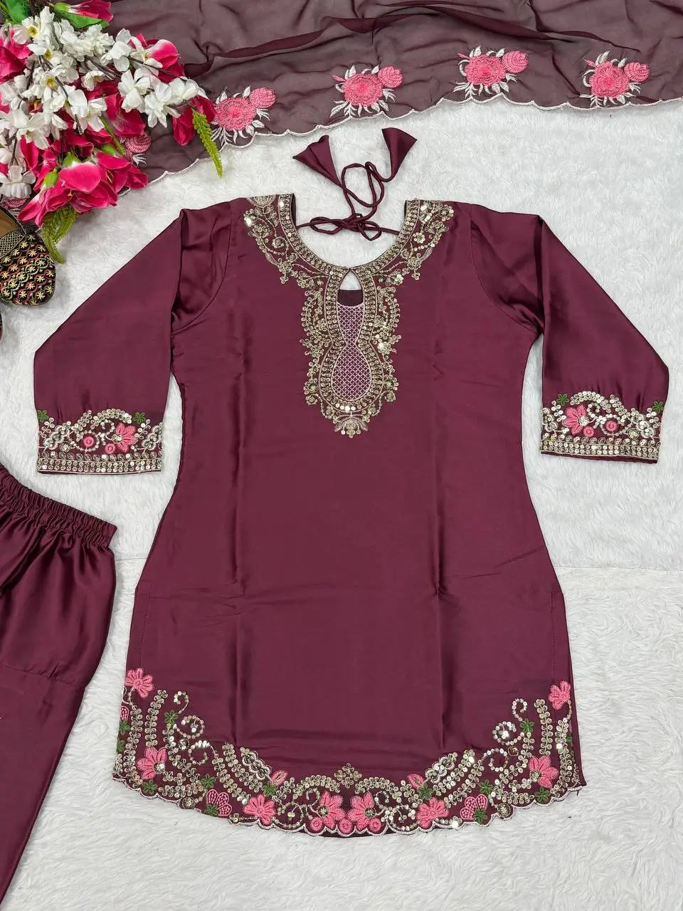 Japan Satin Embroidered Kurti with Farshi Salwar Set