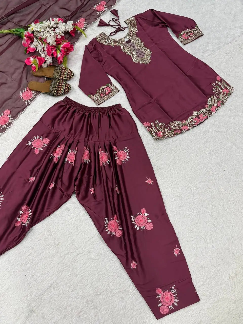 Japan Satin Embroidered Kurti with Farshi Salwar Set
