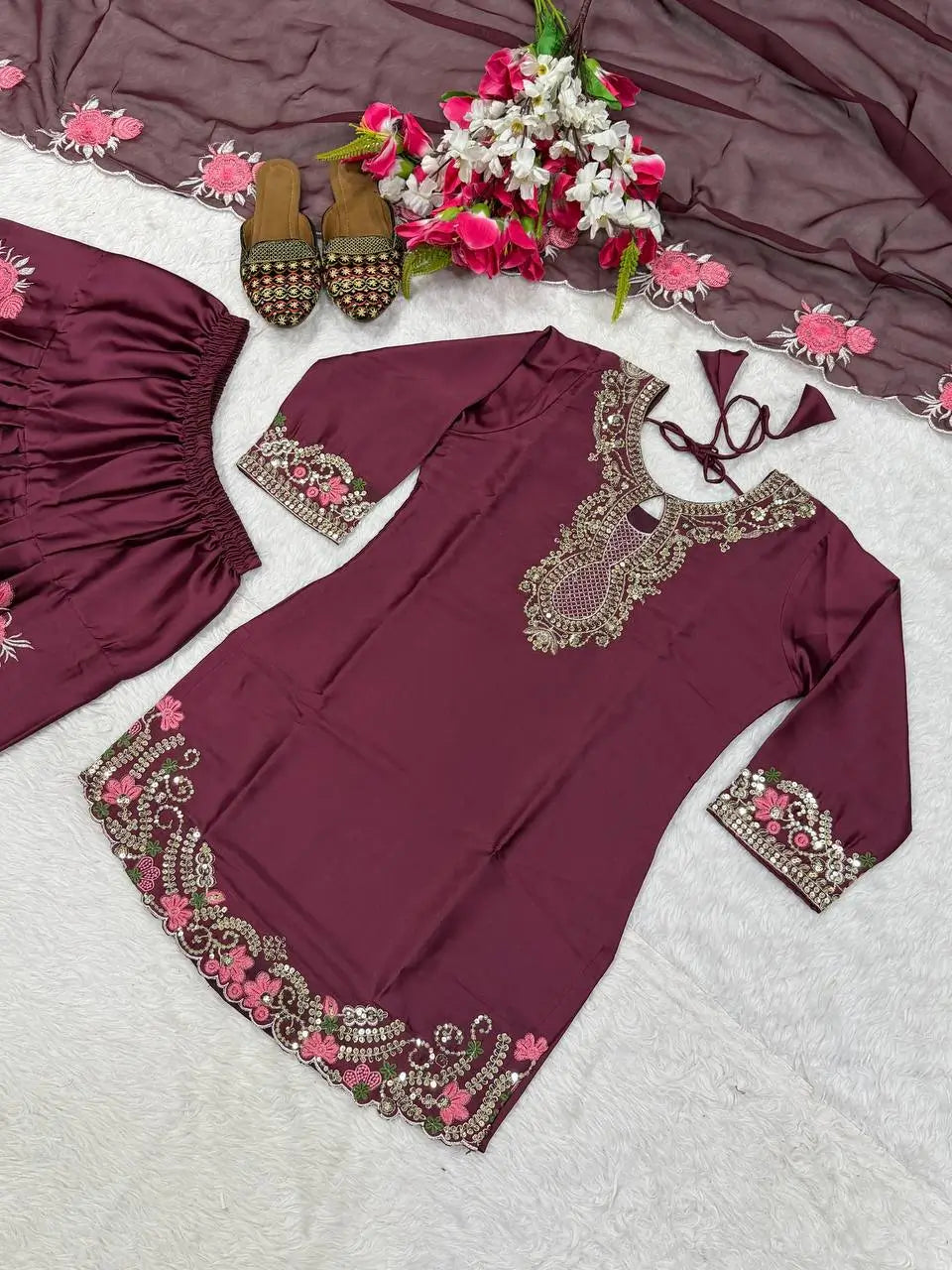Japan Satin Embroidered Kurti with Farshi Salwar Set