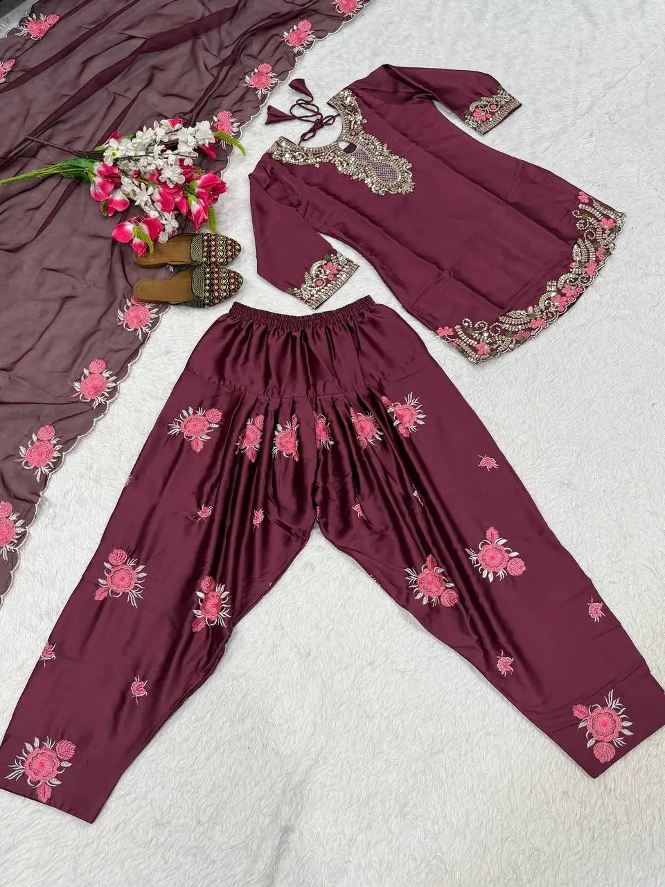 Japan Satin Embroidered Kurti with Farshi Salwar Set