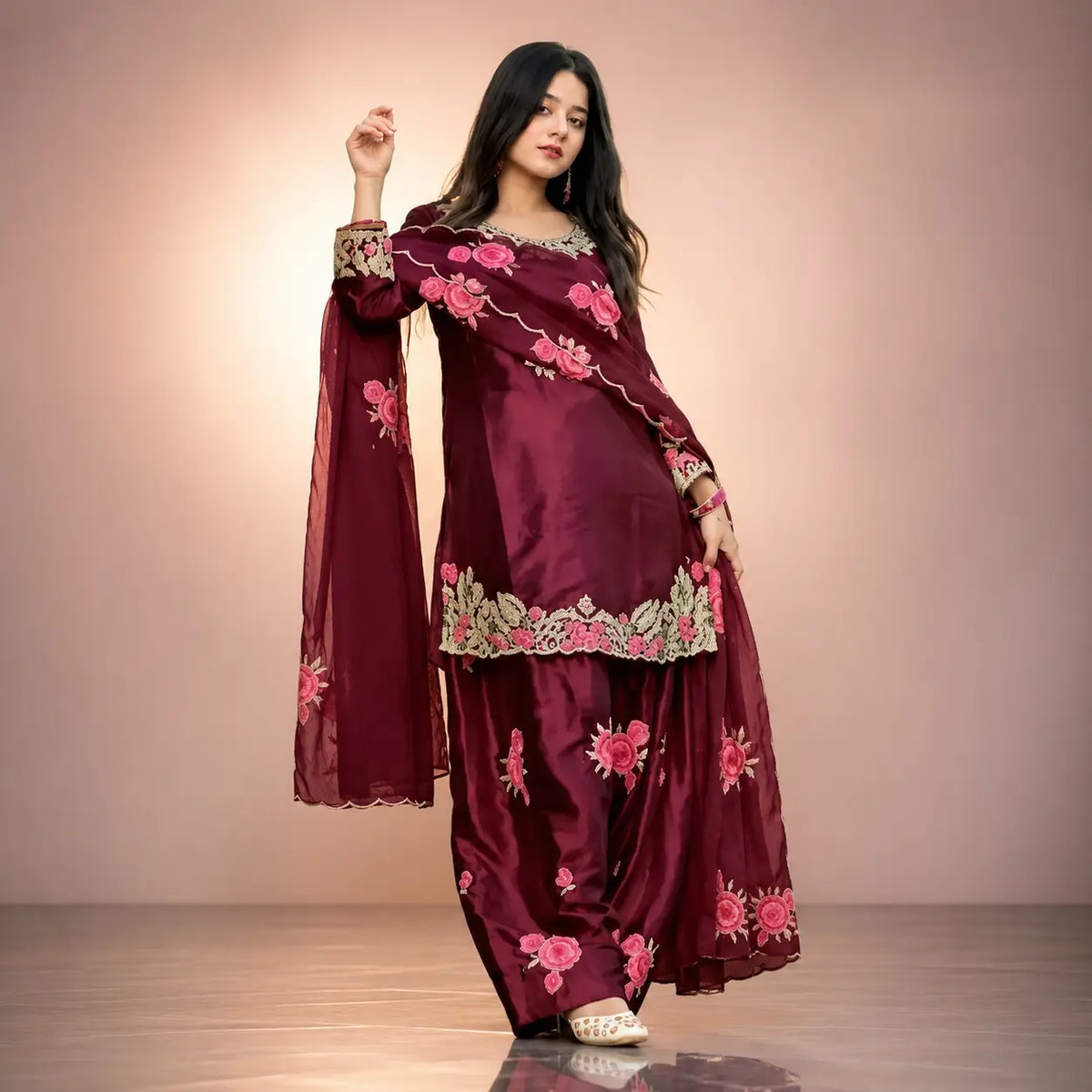 Japan Satin Embroidered Kurti with Farshi Salwar Set