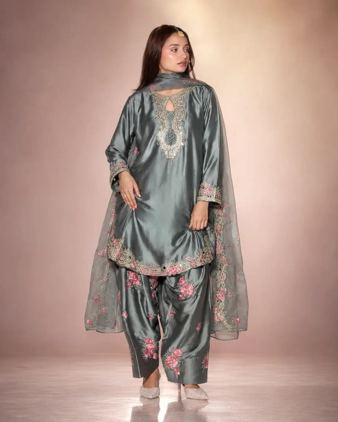 Japan Satin Embroidered Kurti with Farshi Salwar Set