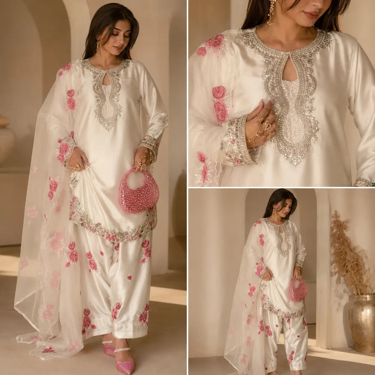 Japan Satin Embroidered Kurti with Farshi Salwar Set
