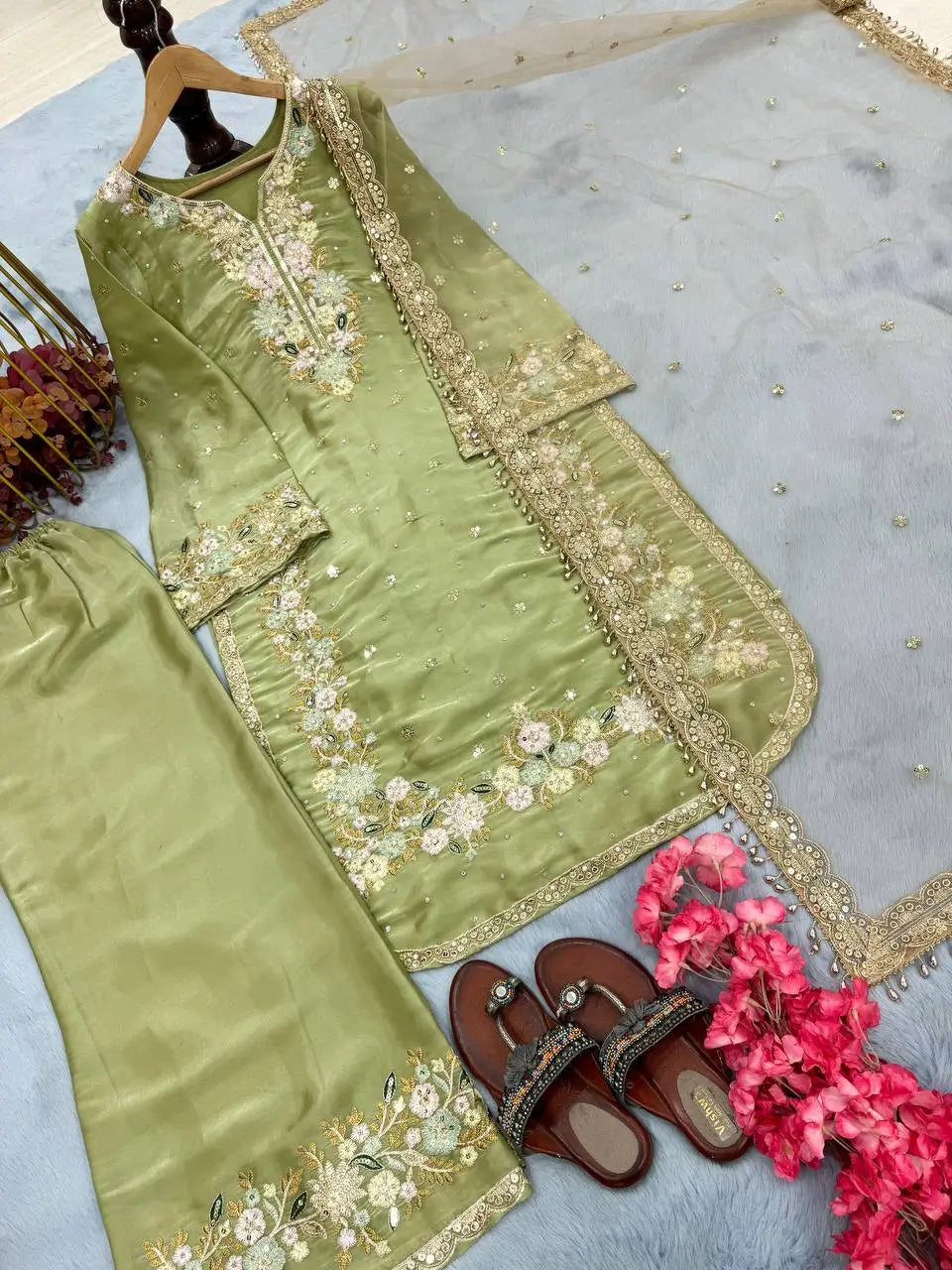 Jimmy Choo Embroidered Palazzo Set with Diamond & Moti Handwork