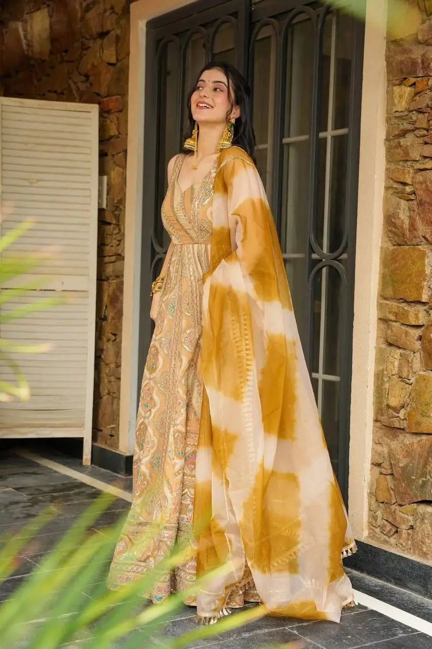 Jimmy Organza Silk Digital Print Anarkali Gown with Dupatta