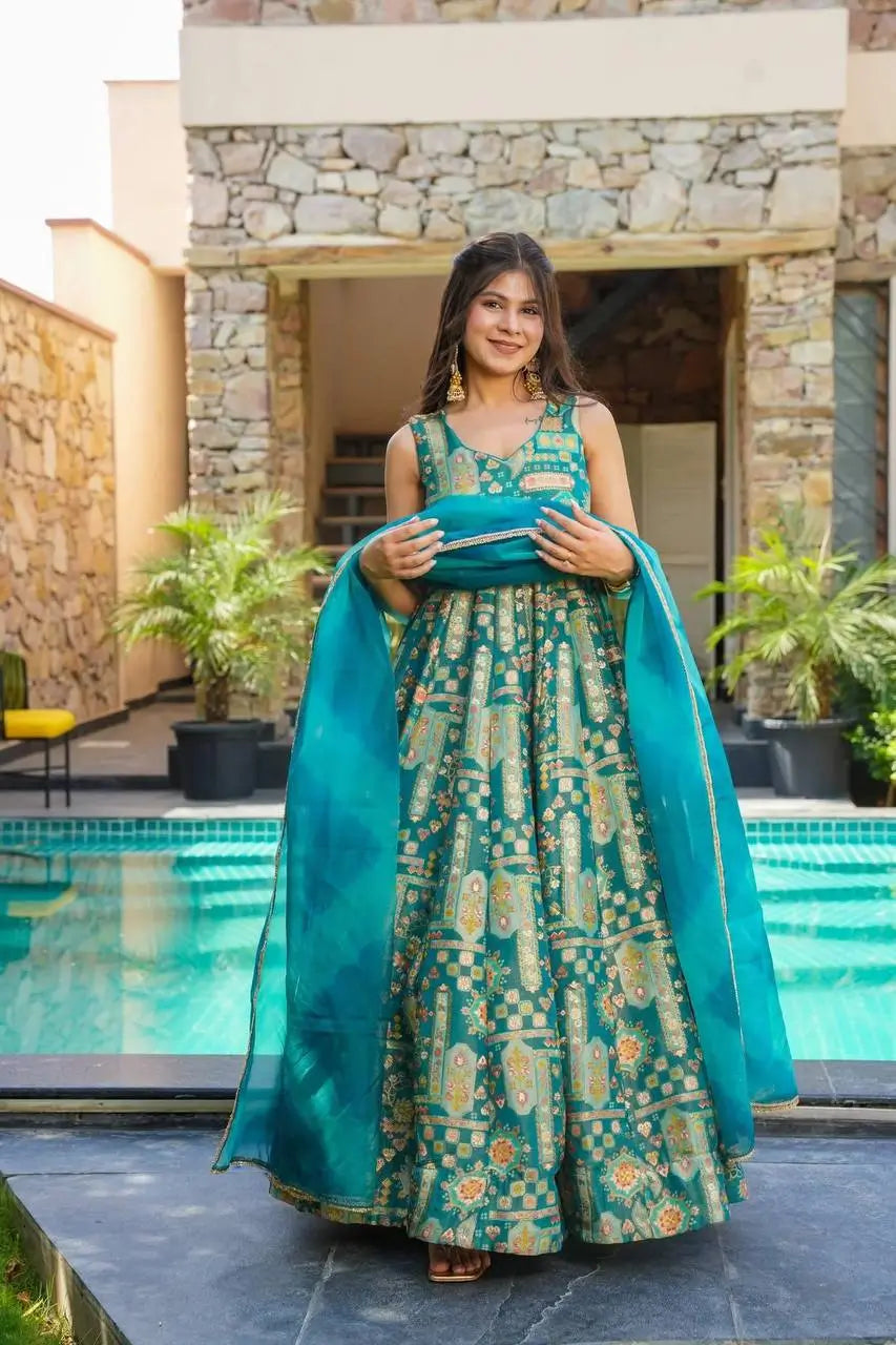 Jimmy Organza Silk Digital Print Anarkali Gown with Dupatta