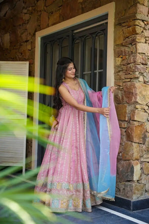 Jimmy Organza Silk Digital Print Anarkali Gown with Dupatta