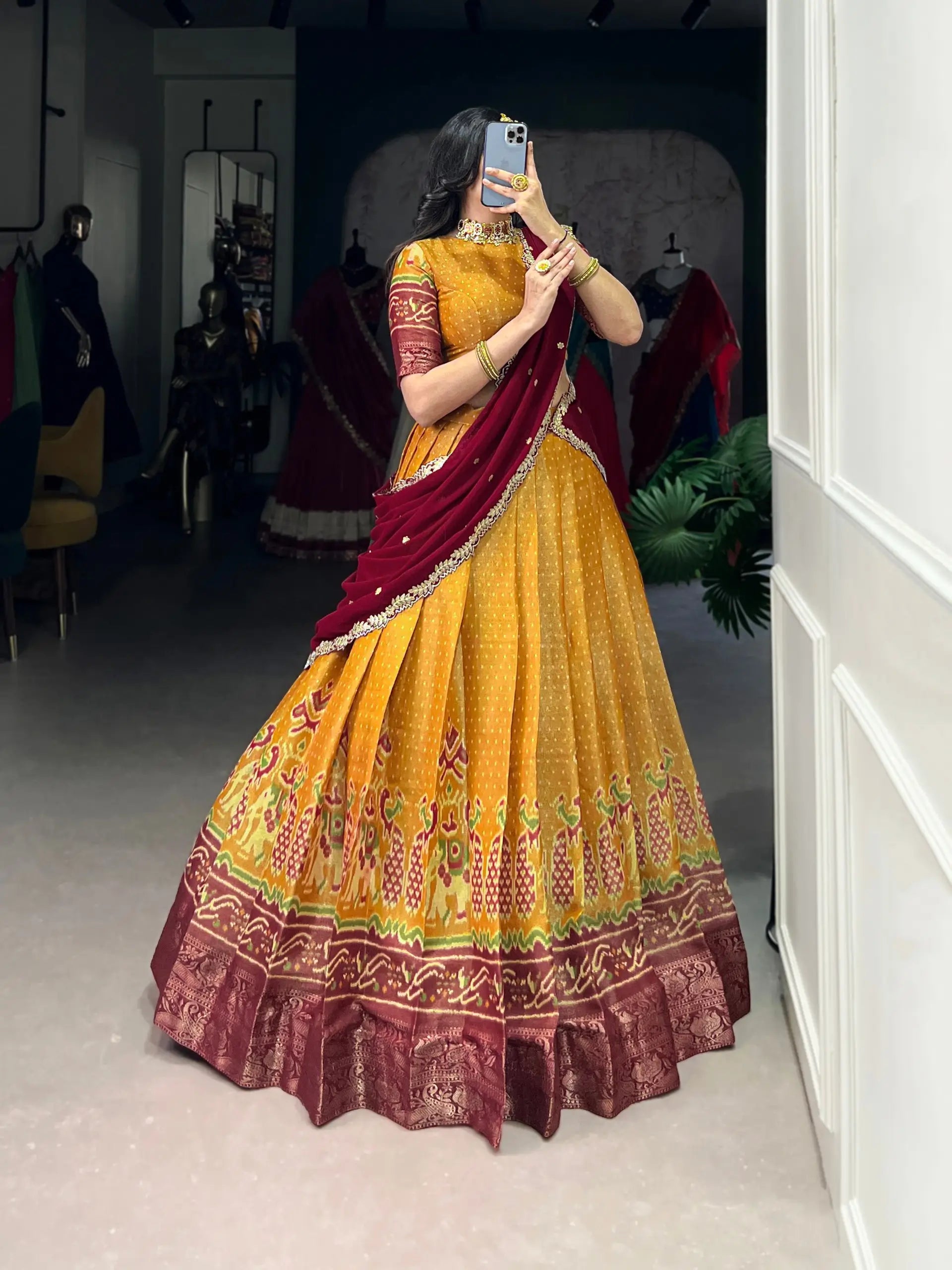 Kanchipuram Printed Zari Weaving Lehenga Set with Dupatta