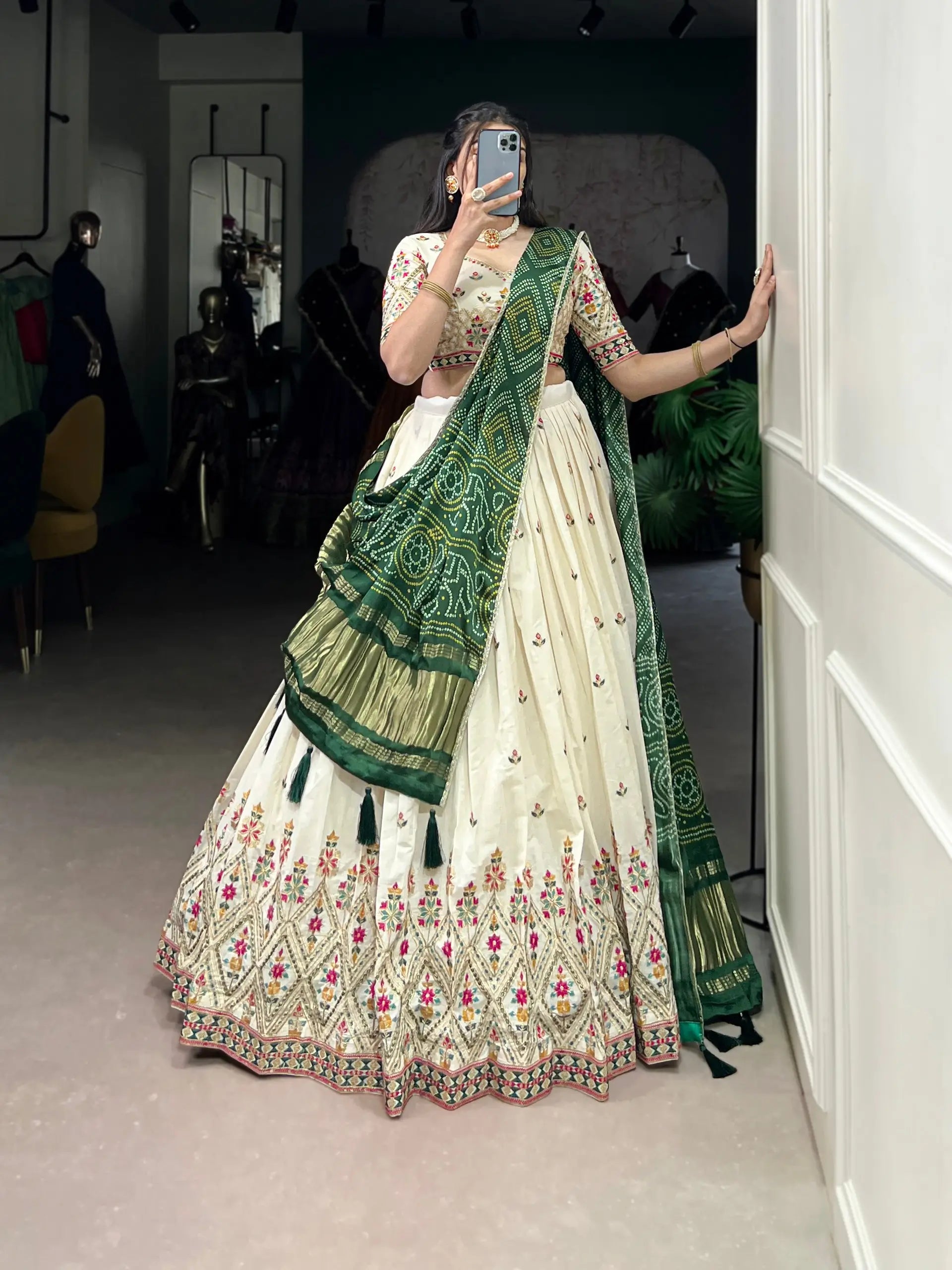 Khadi Cotton Embroidered Lehenga Set with Gaji Silk Dupatta