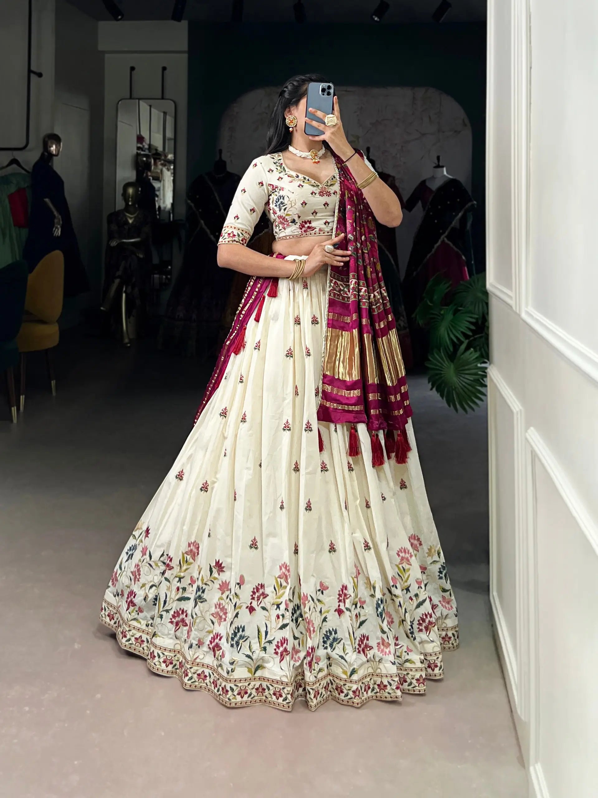 Khadi Cotton Embroidered Lehenga Set with Gaji Silk Dupatta