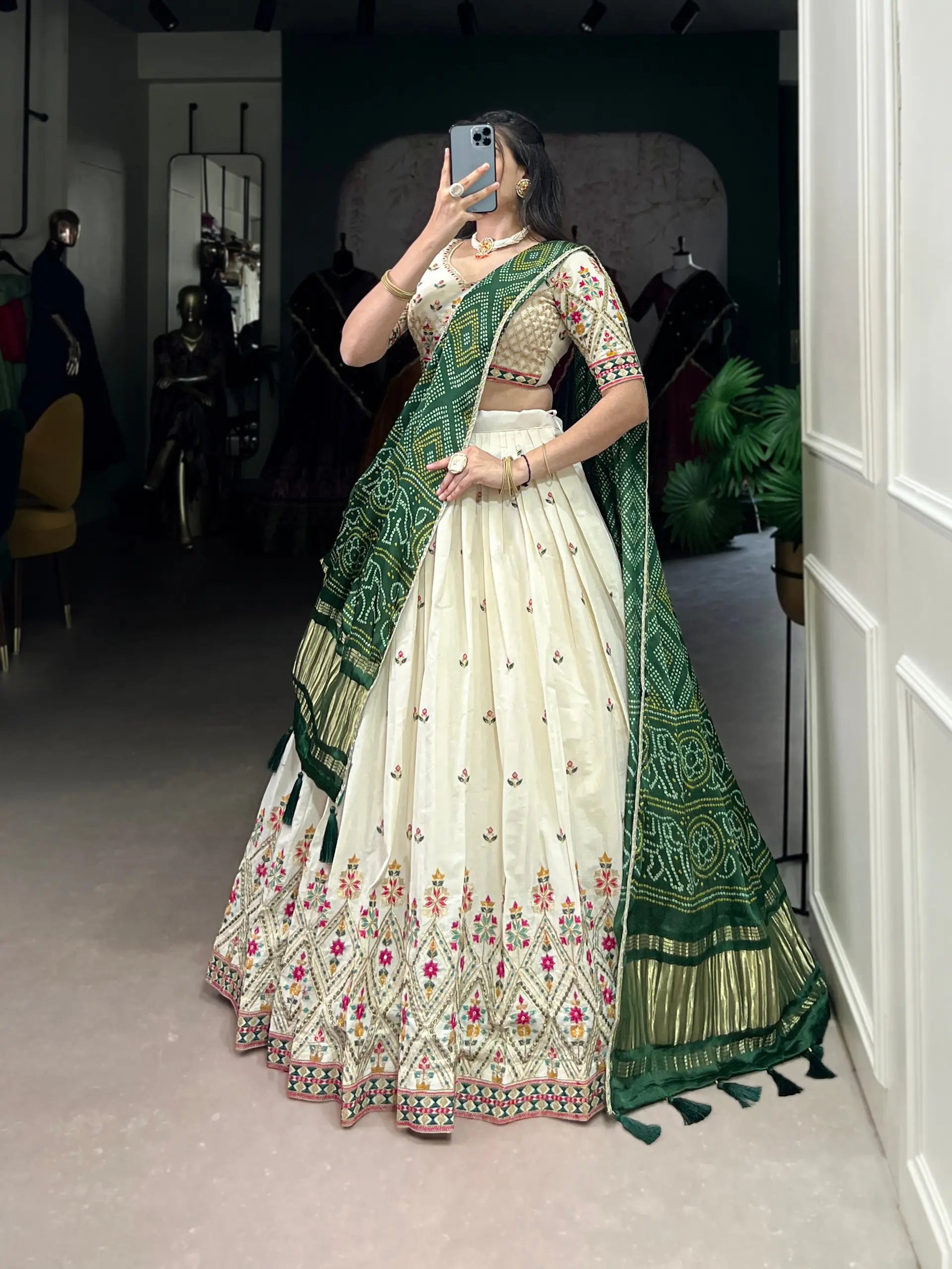 Khadi Cotton Embroidered Lehenga Set with Gaji Silk Dupatta