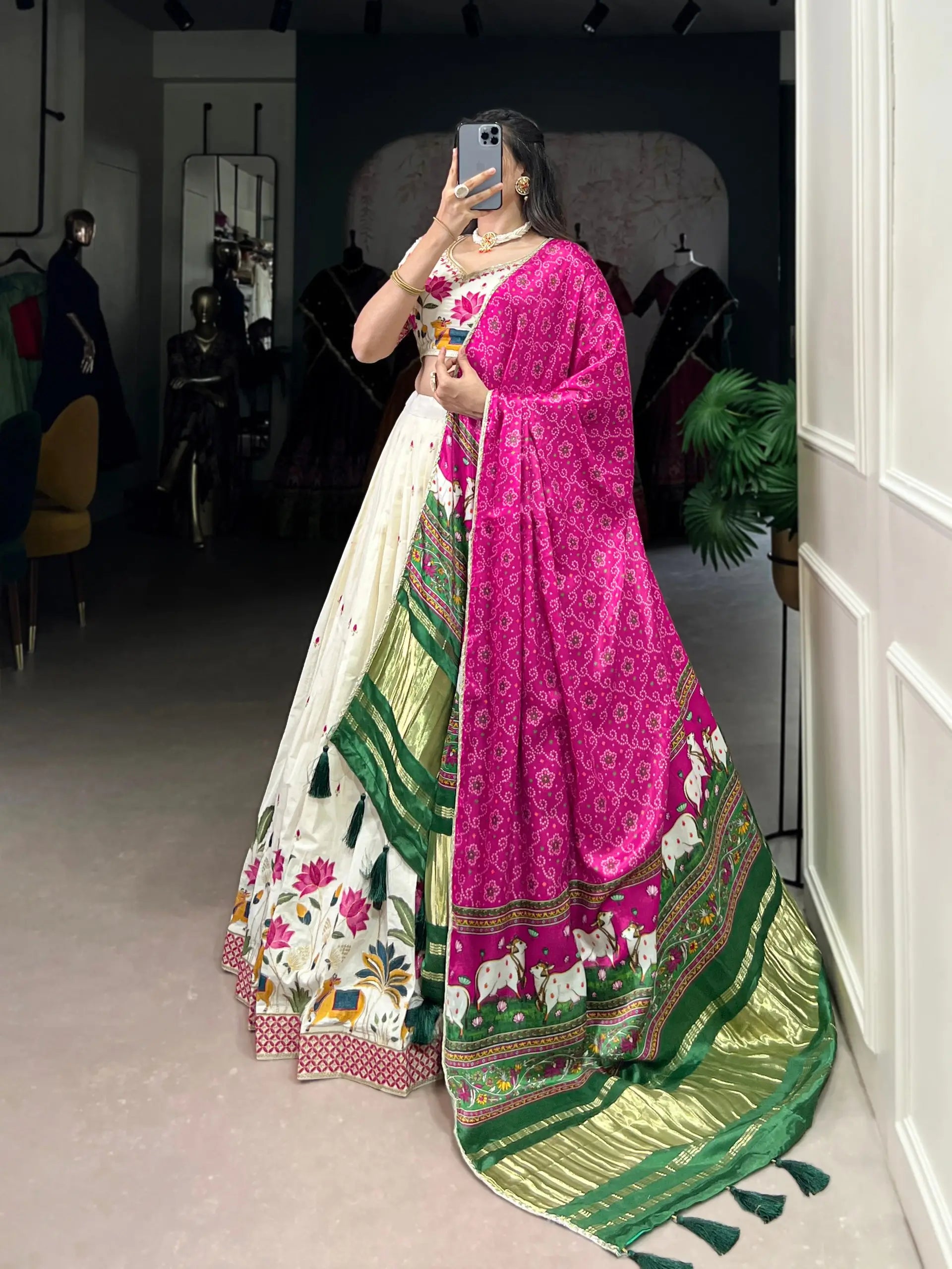 Khadi Cotton Embroidered Lehenga Set with Gaji Silk Dupatta