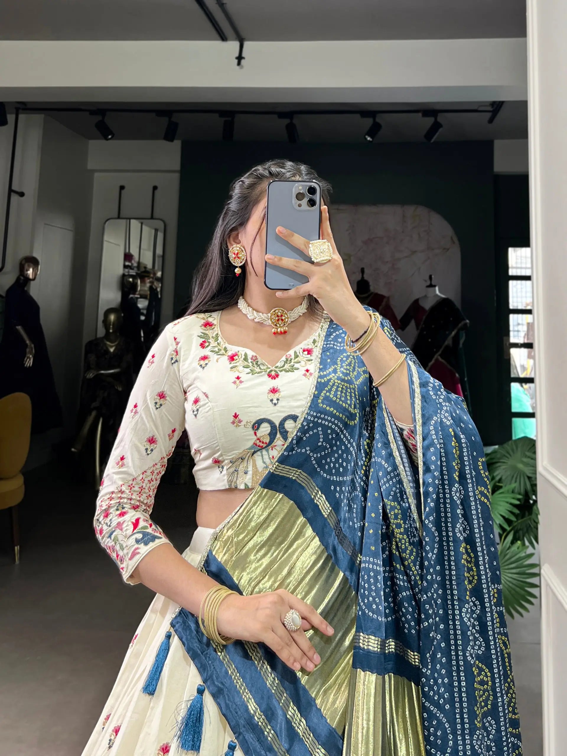 Khadi Cotton Embroidered Lehenga Set with Gaji Silk Dupatta