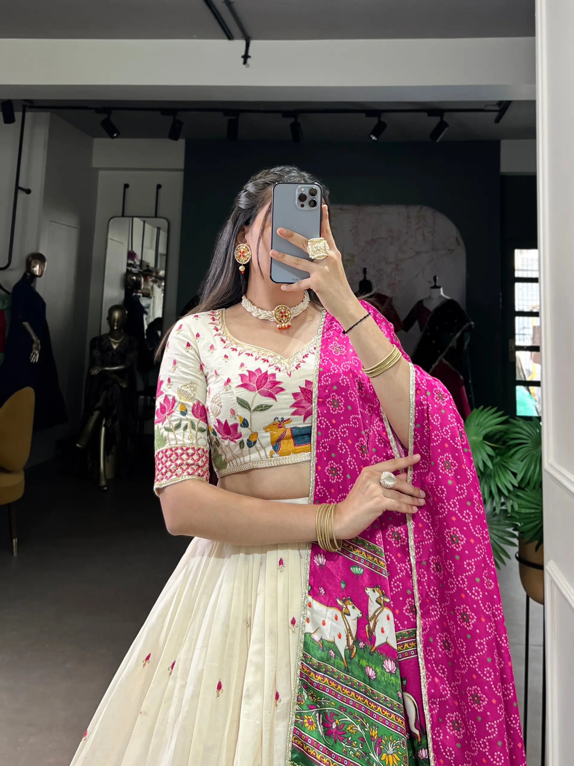 Khadi Cotton Embroidered Lehenga Set with Gaji Silk Dupatta