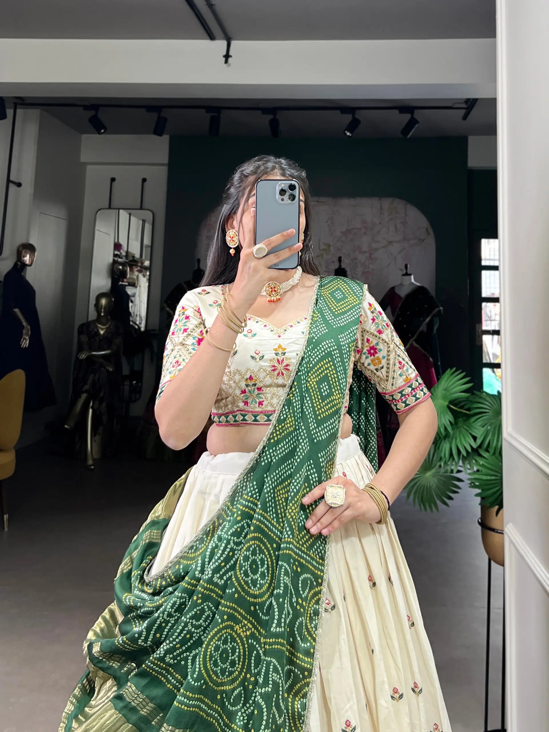 Khadi Cotton Embroidered Lehenga Set with Gaji Silk Dupatta