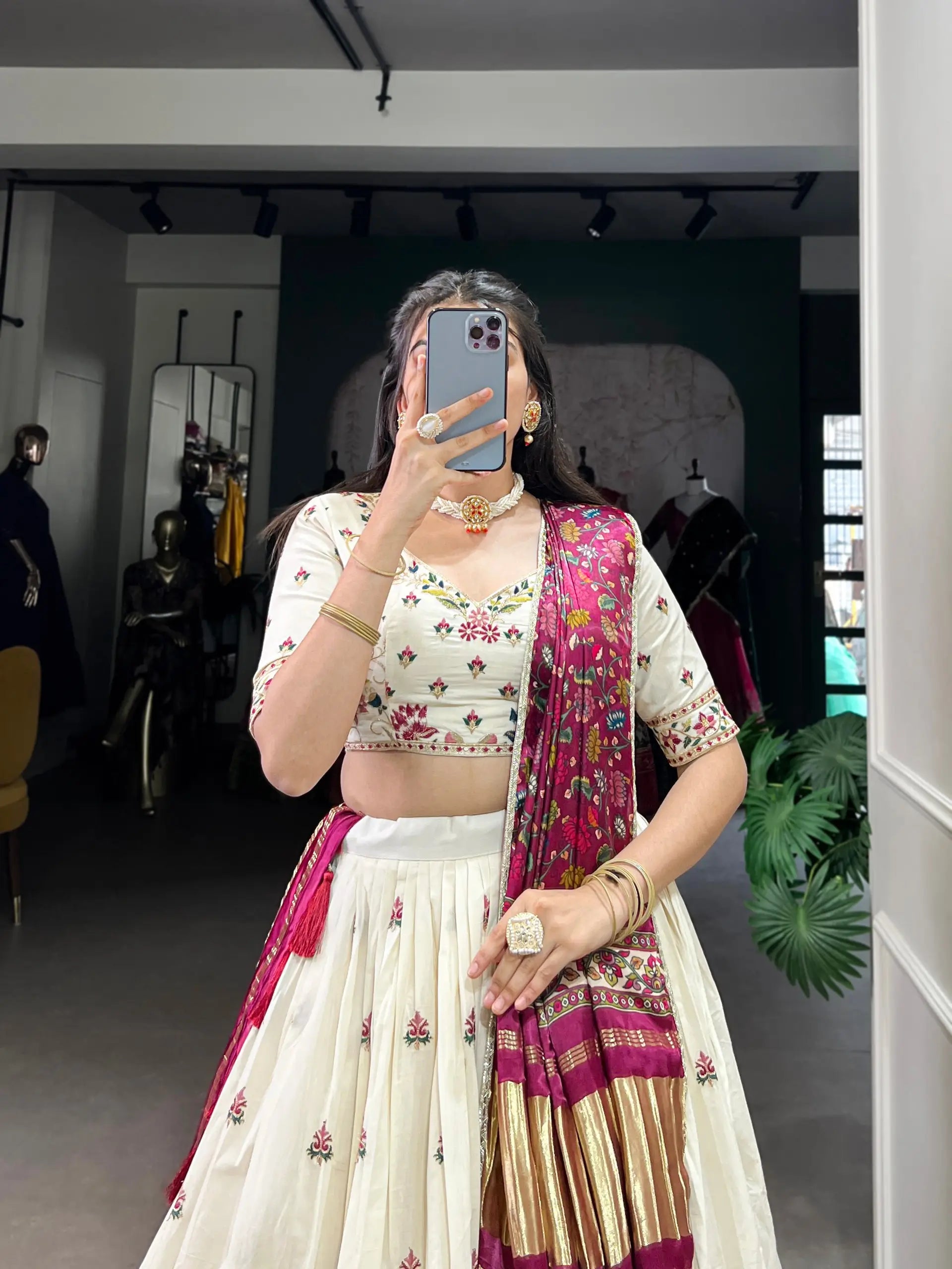 Khadi Cotton Embroidered Lehenga Set with Gaji Silk Dupatta