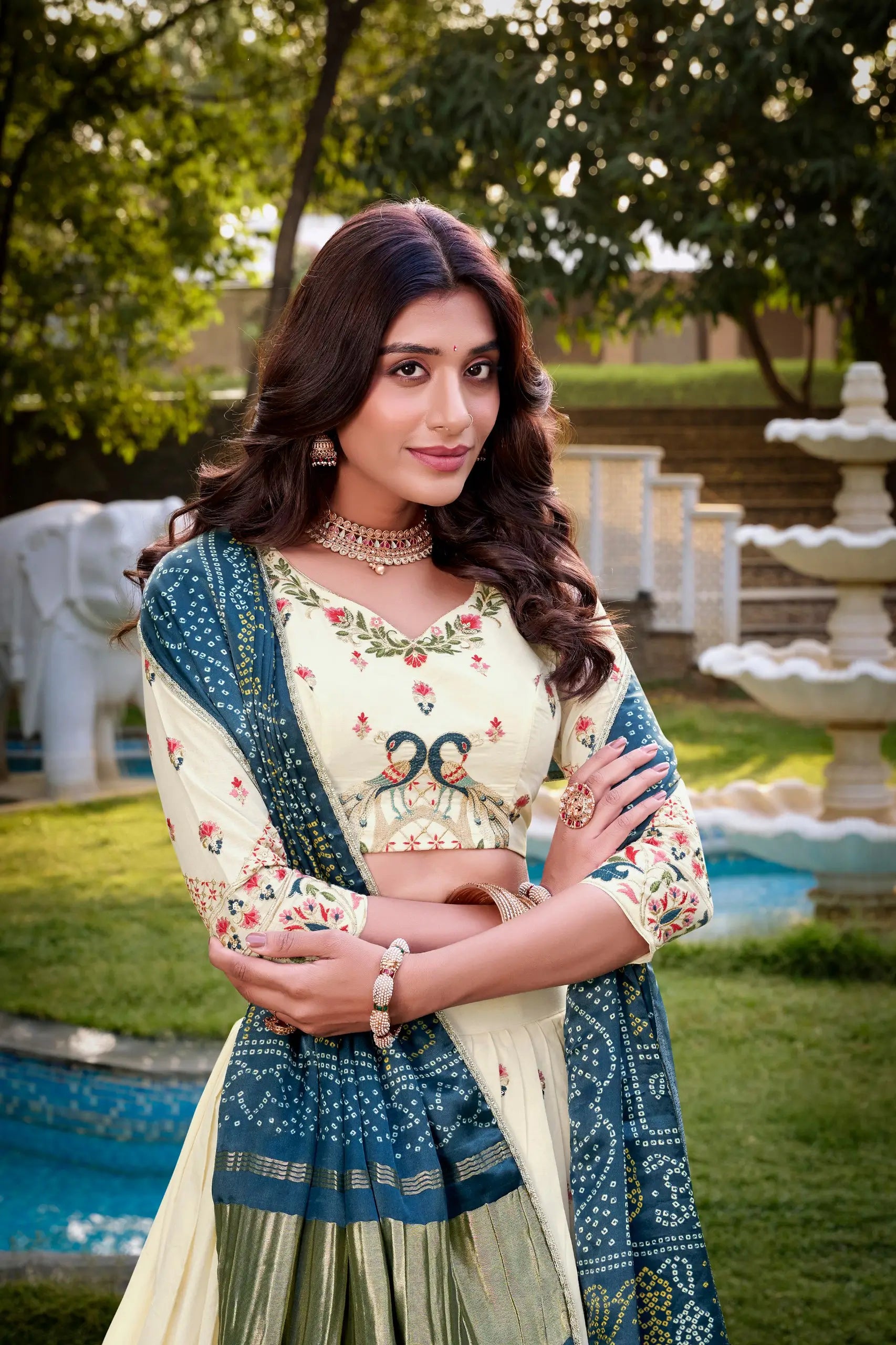 Khadi Cotton Embroidered Lehenga Set with Gaji Silk Dupatta