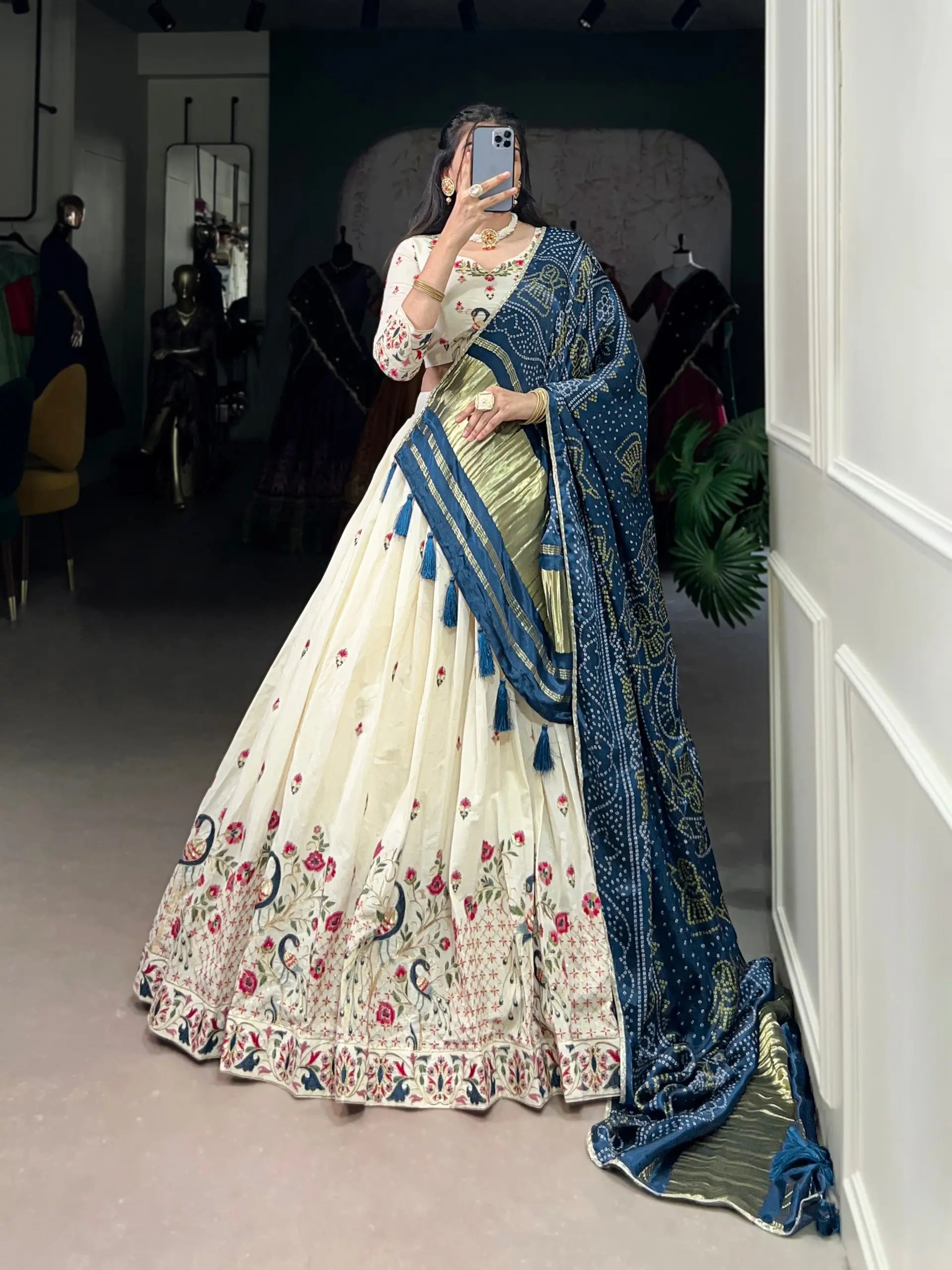 Khadi Cotton Embroidered Lehenga Set with Gaji Silk Dupatta