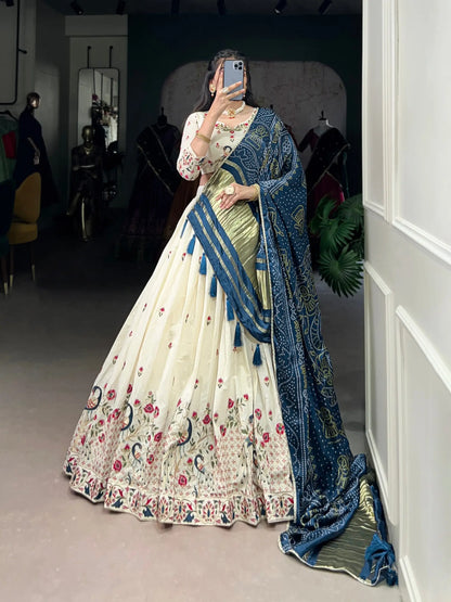 Khadi Cotton Embroidered Lehenga Set with Gaji Silk Dupatta