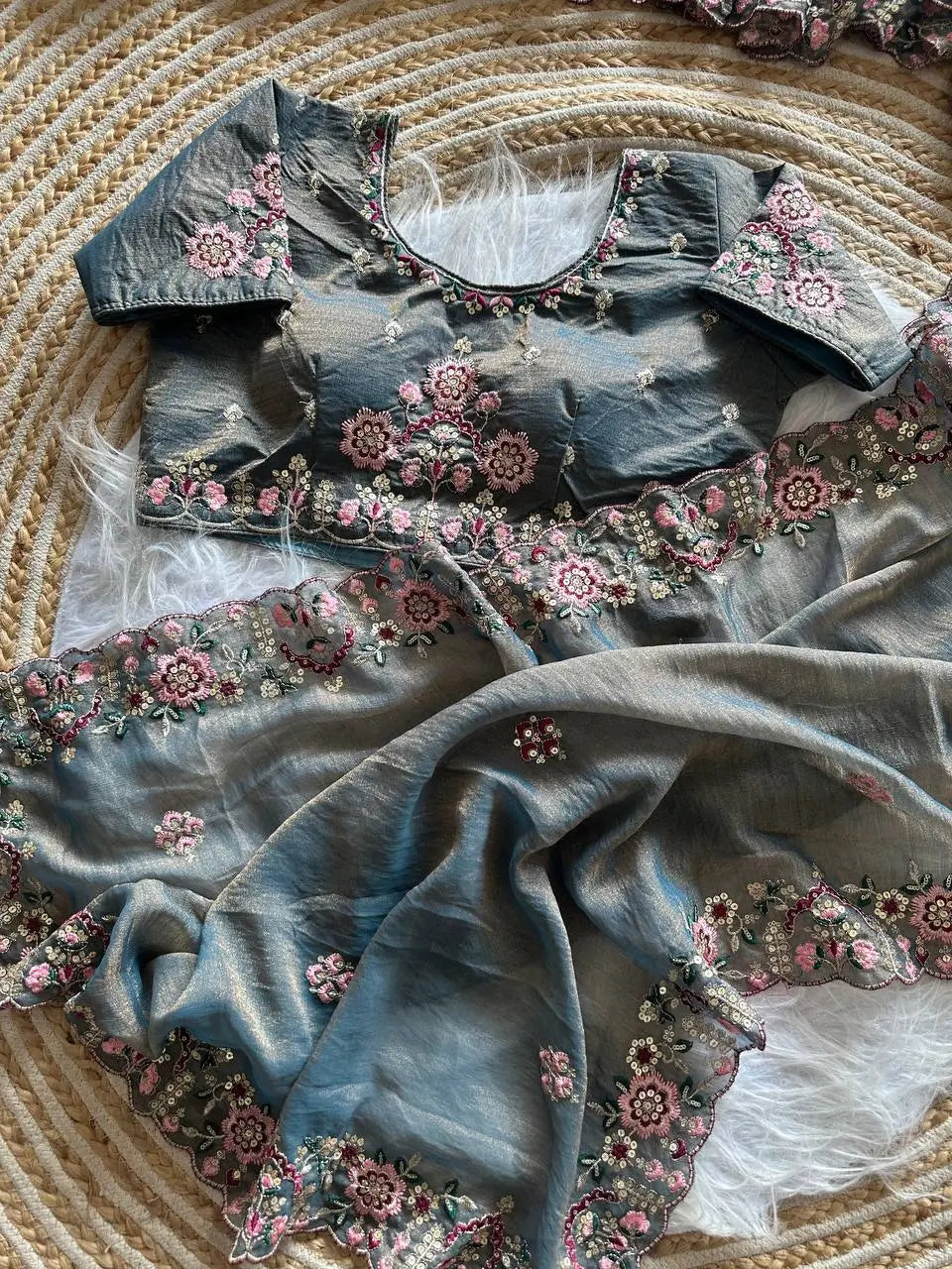 Khadi Moss Silk Embroidery Saree Set