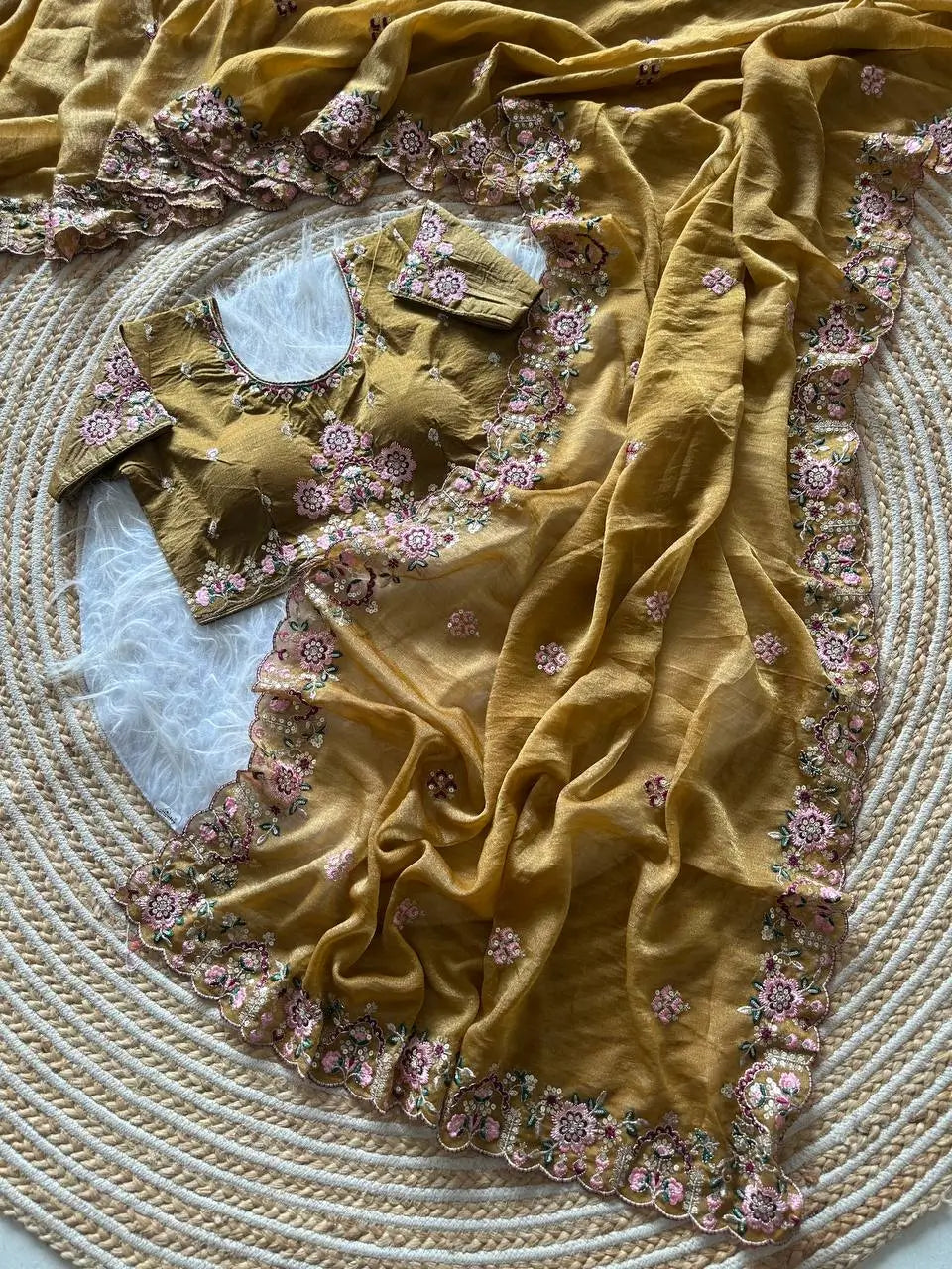 Khadi Moss Silk Embroidery Saree Set