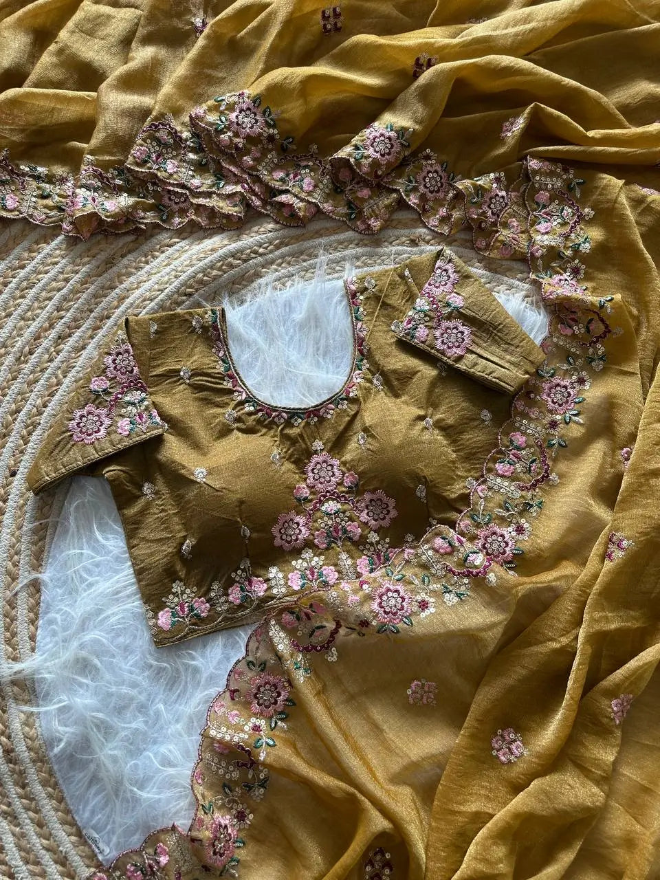 Khadi Moss Silk Embroidery Saree Set