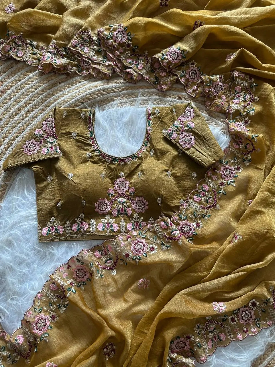 Khadi Moss Silk Embroidery Saree Set
