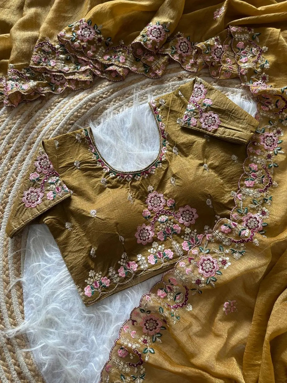 Khadi Moss Silk Embroidery Saree Set