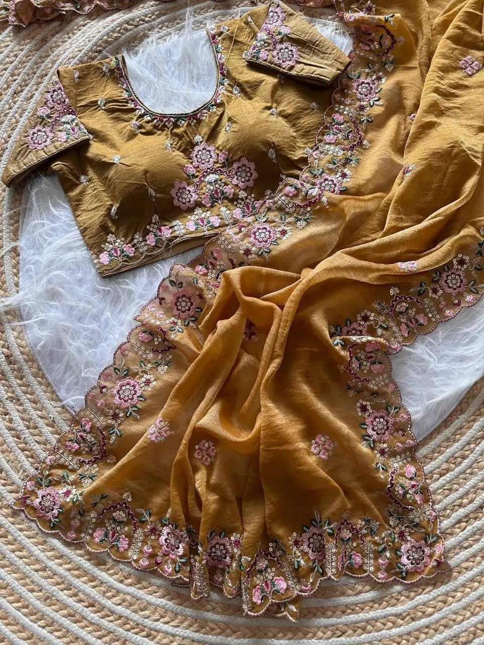 Khadi Moss Silk Embroidery Saree Set