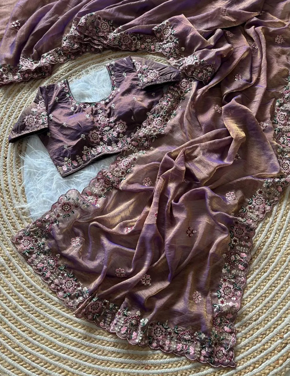 Khadi Moss Silk Embroidery Saree Set