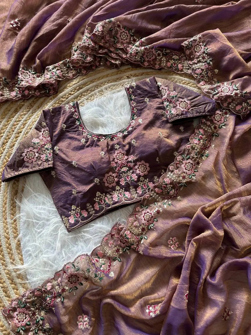Khadi Moss Silk Embroidery Saree Set