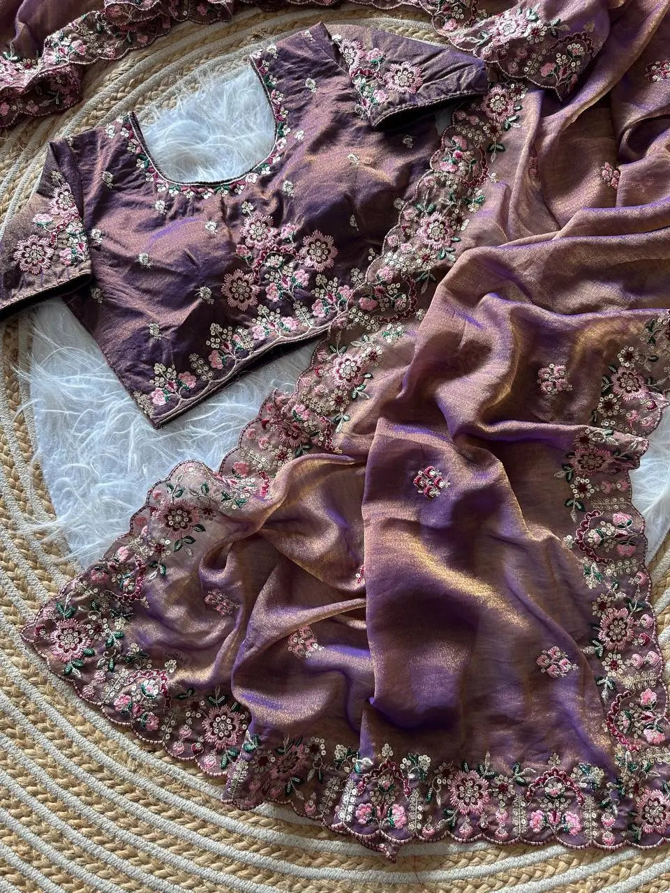 Khadi Moss Silk Embroidery Saree Set