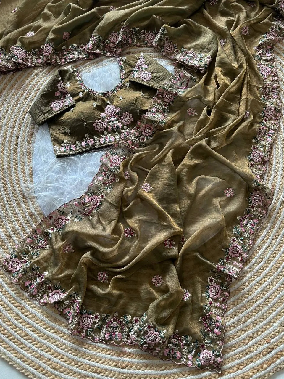Khadi Moss Silk Embroidery Saree Set
