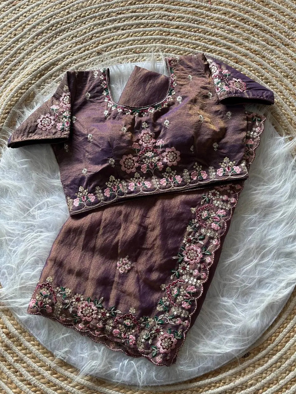 Khadi Moss Silk Embroidery Saree Set